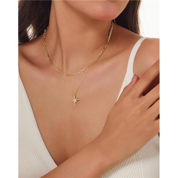 Dainty Gold Star Necklace | Layered 14K Plated Chain - Picture 4 of 5